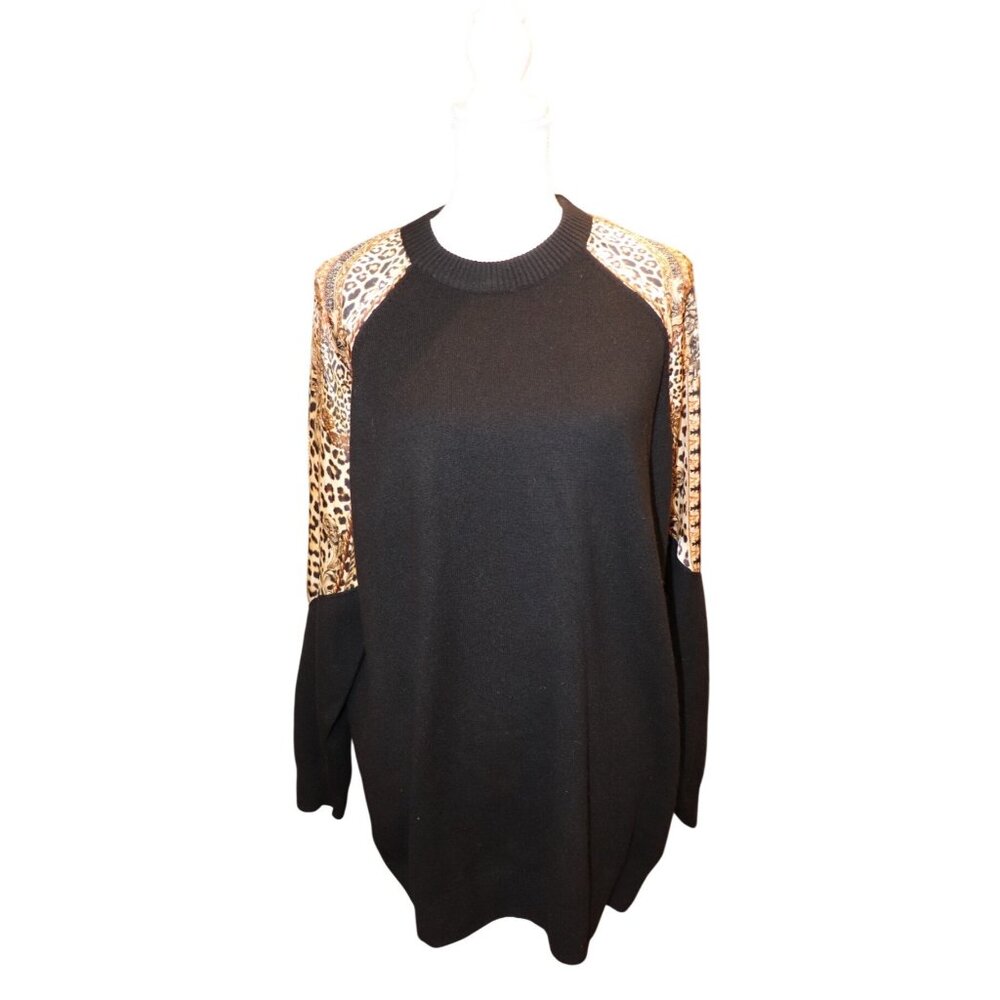 Camilla Black Sweater Mini Dress With Silk Animal Print Sleeves, Medium